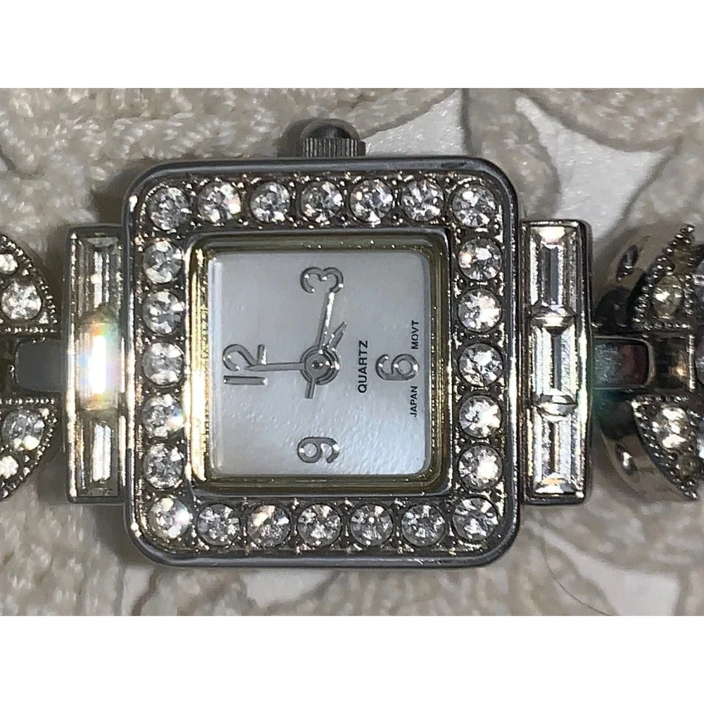Vintage Silver Tone Crystal Square Face Cocktail Watch Japan Movt Art Deco Style